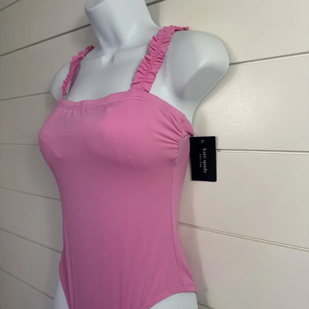 Kate Spade Square Neck Ruffle One Piece Swimsuit Surf Pink sz XS